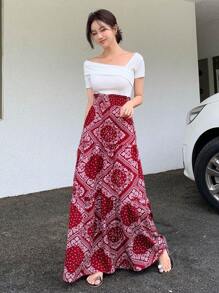 DAZY In hoa Paisley khăn quàng cổ Xù Hoa Sen Váy - Màu Đỏ Sâu - Xem 5