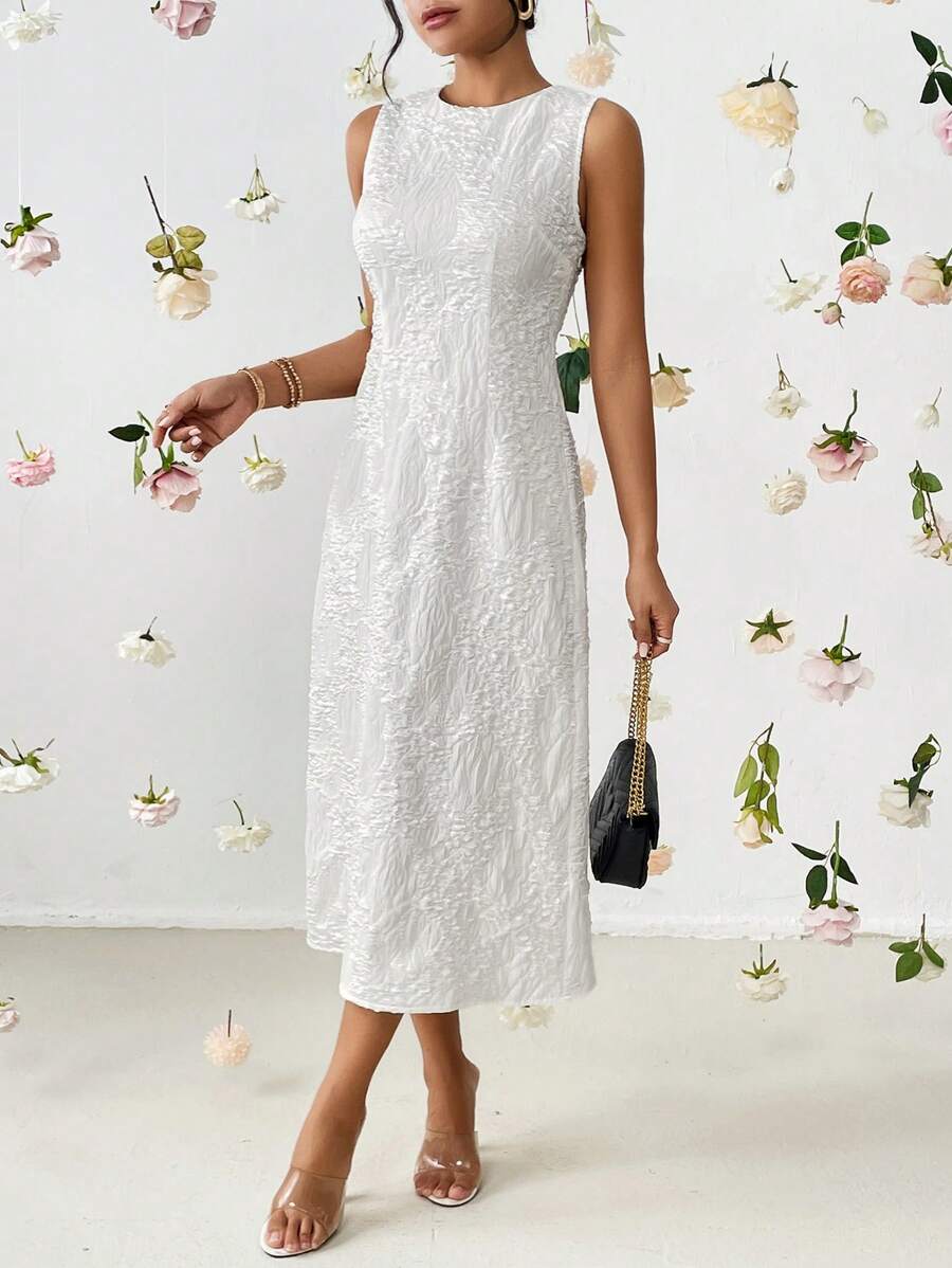 SHEIN Privé Solid Jacquard Tank Dress - White - View 1