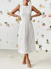 SHEIN Privé Solid Jacquard Tank Dress - White - View 6