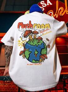 Manfinity Roghcode 男士卡通蘑菇&標語圖案T恤 - 白色 - 查看 4