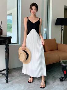 DAZY Abito con bretelle sottile bicolore orlo plissettato - Bianco e nero - Visualizzare 6