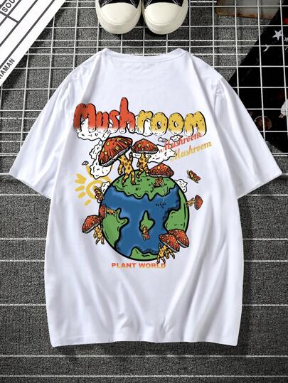 Guys Cartoon Mushroom & Slogan Graphic Tee