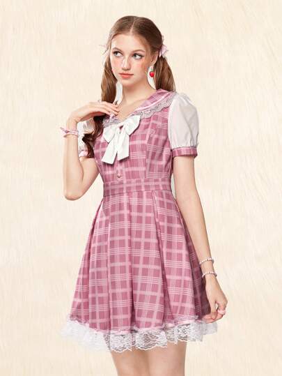 Plaid Print Bow Front Contrast Lace Dress