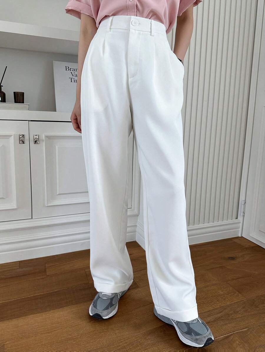 Dazy-Less Pantalones casuales de pierna recta para mujer, atuendo de oficina de estilo empresarial - Blanco - Ver 1