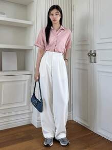 Dazy-Less Pantalones casuales de pierna recta para mujer, atuendo de oficina de estilo empresarial - Blanco - Ver 2