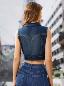 SHEIN Frenchy 花卉刺繡馬甲牛仔夾克 - 深色水洗藍 - 查看 2