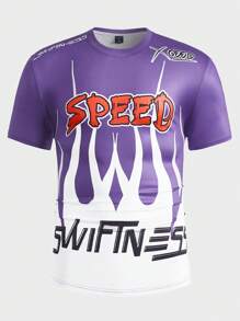 ROMWE MEN Street Life Guys Fire Letter Graphic Tee - Purple - View 1