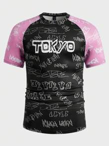 ROMWE MEN Street Life Guys Color-block Letter Graphic Raglan Sleeve Tee - Multicolor - View 1