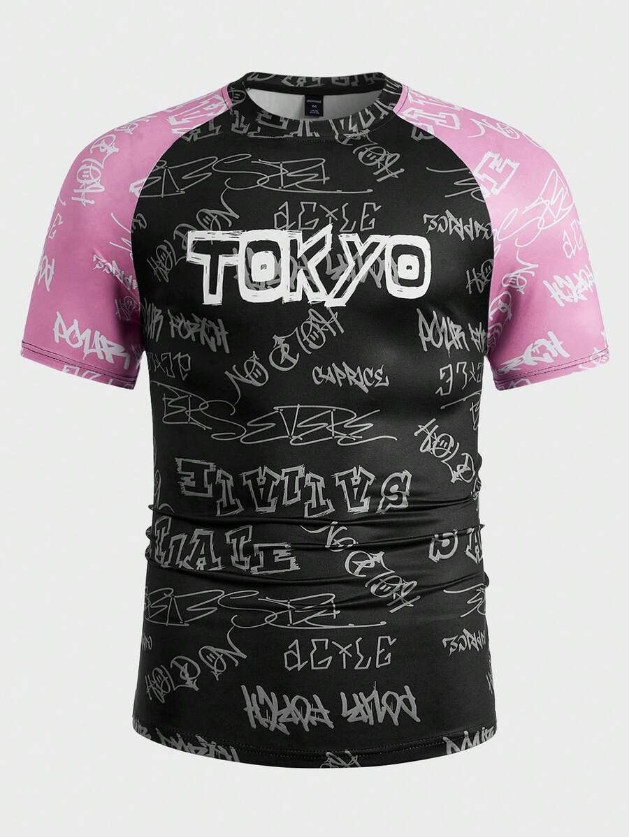 ROMWE MEN Street Life Guys Color-block Letter Graphic Raglan Sleeve Tee - Multicolor - View 1