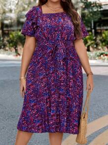 SHEIN LUNE 大碼滿版印花繫腰帶連衣裙 - 彩色 - 查看 5