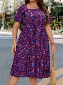 SHEIN LUNE 大碼滿版印花繫腰帶連衣裙 - 彩色 - 查看 6