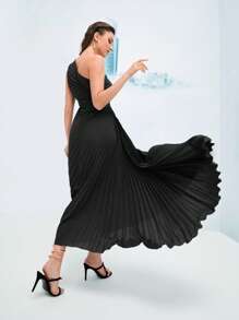 Modelyn One Shoulder Ruched Pleated Hem Dress - Black - View 2