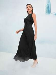 Modelyn One Shoulder Ruched Pleated Hem Dress - Black - View 3