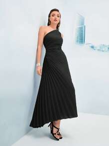 Modelyn One Shoulder Ruched Pleated Hem Dress - Black - View 6
