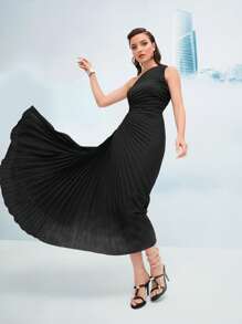 Modelyn One Shoulder Ruched Pleated Hem Dress - Black - View 7