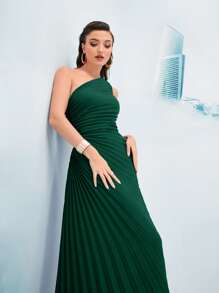 Modelyn Một bờ vai Xù Viền xếp Đầm - Màu xanh lá cây đậm - Xem 4