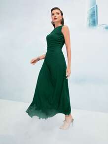 Modelyn Một bờ vai Xù Viền xếp Đầm - Màu xanh lá cây đậm - Xem 6