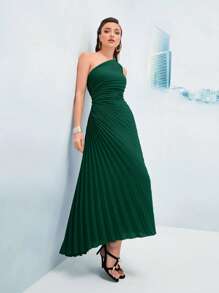 Modelyn Một bờ vai Xù Viền xếp Đầm - Màu xanh lá cây đậm - Xem 7