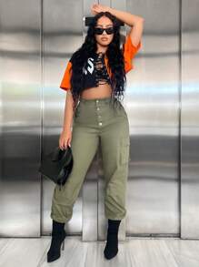 SHEIN SXY Pantalones cargo con botón con bolsillo lateral con solapa - Verde militar - Ver 5