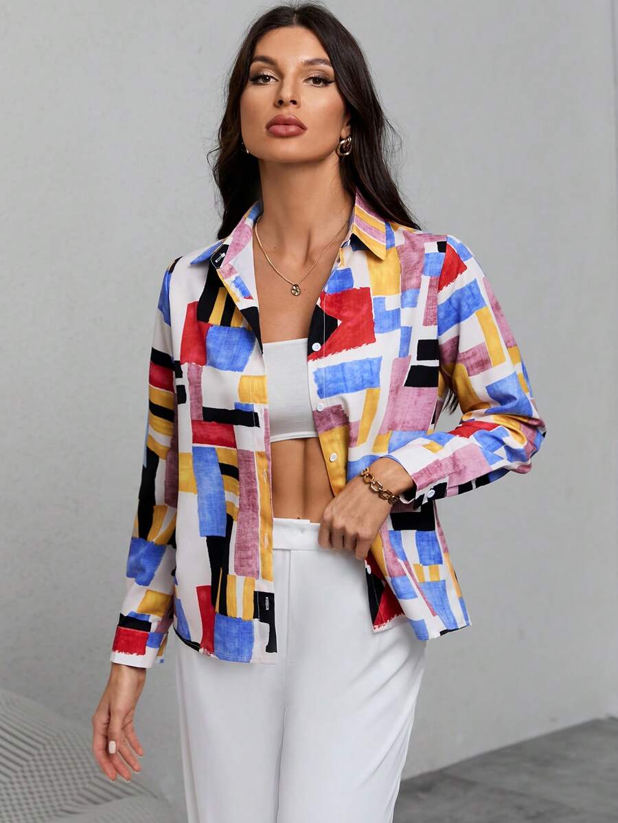 SHEIN Clasi In Địa lý Nút phía trước Áo sơ mi - Nhiều màu - Xem 1