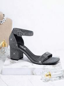 金屬亮絲露趾踝帶方跟鞋 - 黑色 - 查看 2