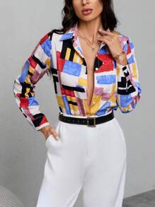 SHEIN Clasi In Địa lý Nút phía trước Áo sơ mi - Nhiều màu - Xem 4