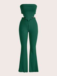 SHEIN EZwear Lettuce Trim Bandana Hem Crop Tube Top & Flare Leg Pants - Dark Green - View 1