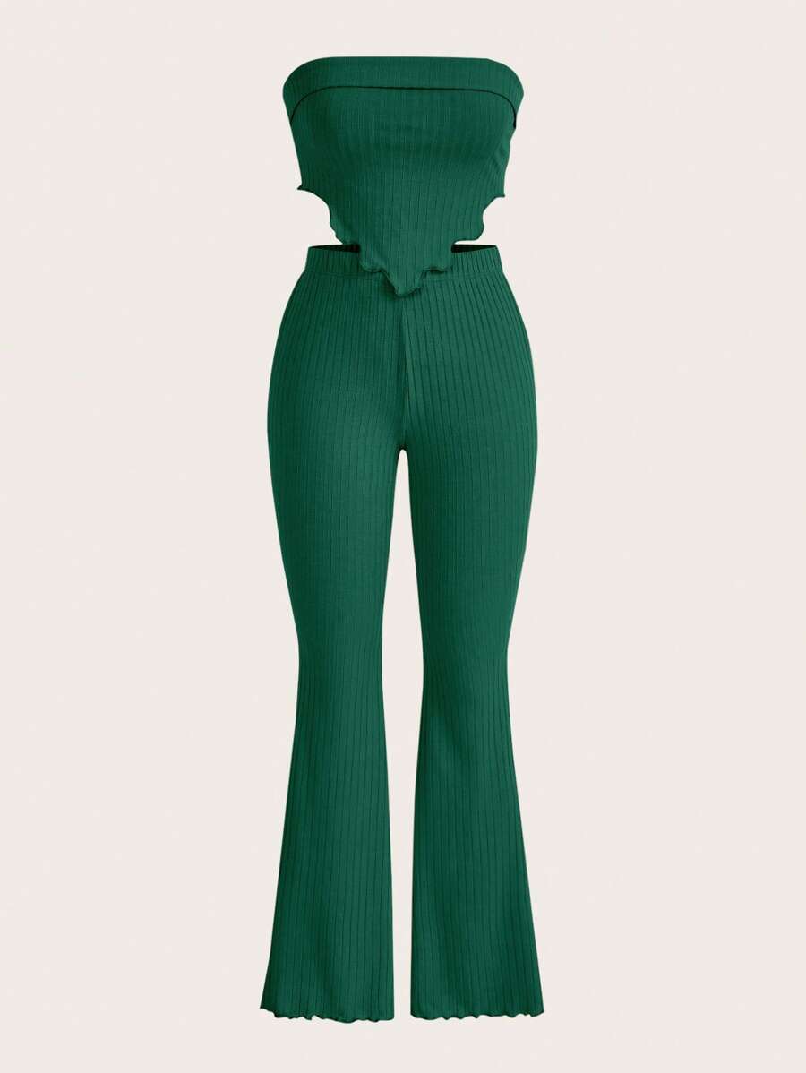 SHEIN EZwear Lettuce Trim Bandana Hem Crop Tube Top & Flare Leg Pants - Dark Green - View 1