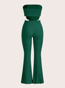 SHEIN EZwear Lettuce Trim Bandana Hem Crop Tube Top & Flare Leg Pants - Dark Green - View 2