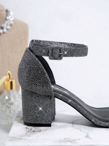 金屬亮絲露趾踝帶方跟鞋 - 黑色 - 查看 3