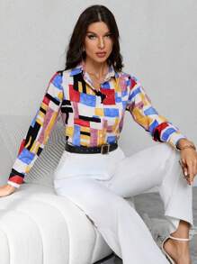 SHEIN Clasi In Địa lý Nút phía trước Áo sơ mi - Nhiều màu - Xem 6