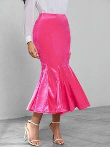 SHEIN Privé 素色魚尾短裙 - 玫紅色 - 查看 1