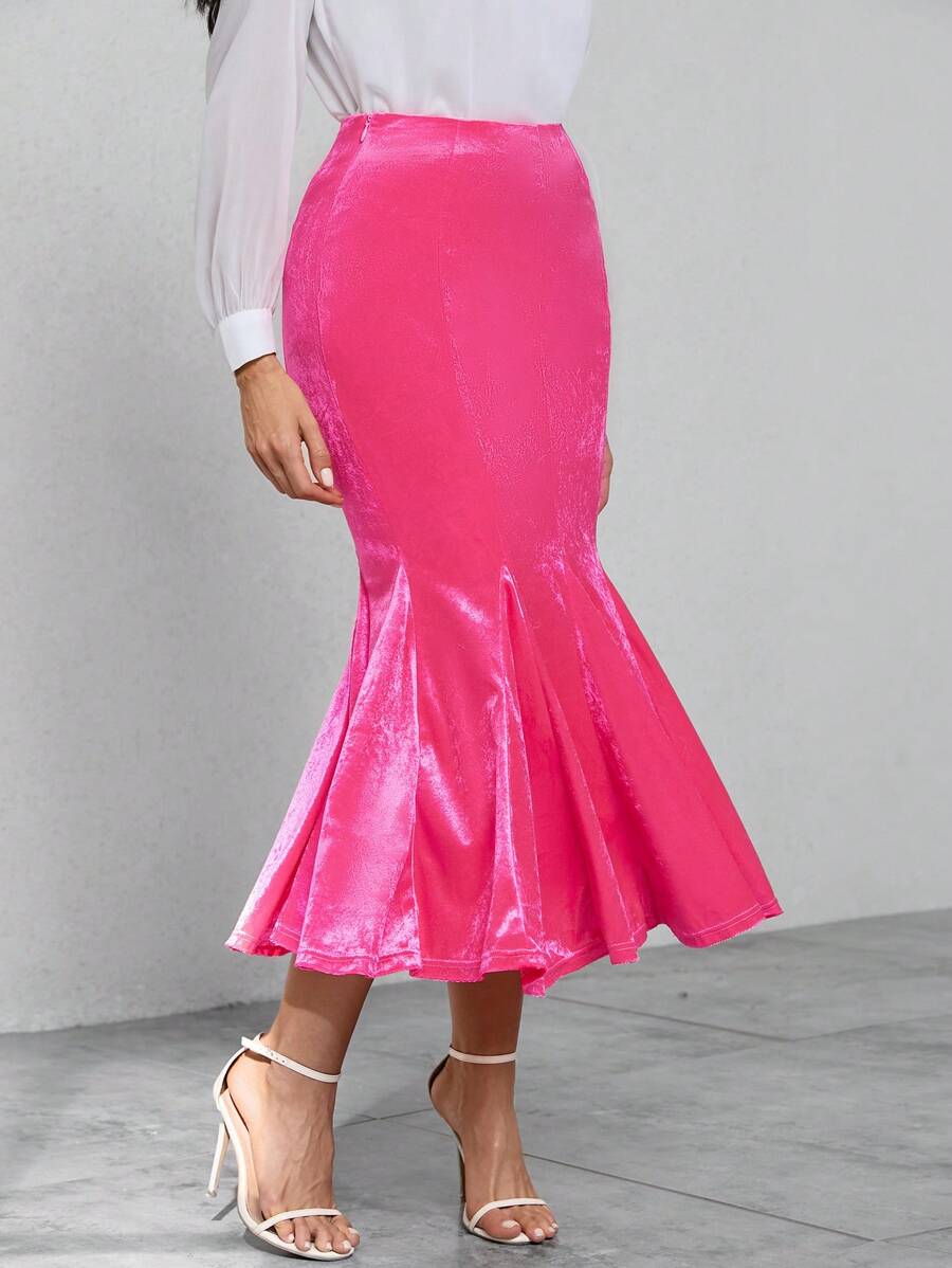 SHEIN Privé 素色魚尾短裙 - 玫紅色 - 查看 1