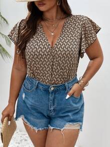 SHEIN Frenchy 大碼滿版印花蝴蝶袖連身背心 - 卡其色 - 查看 5