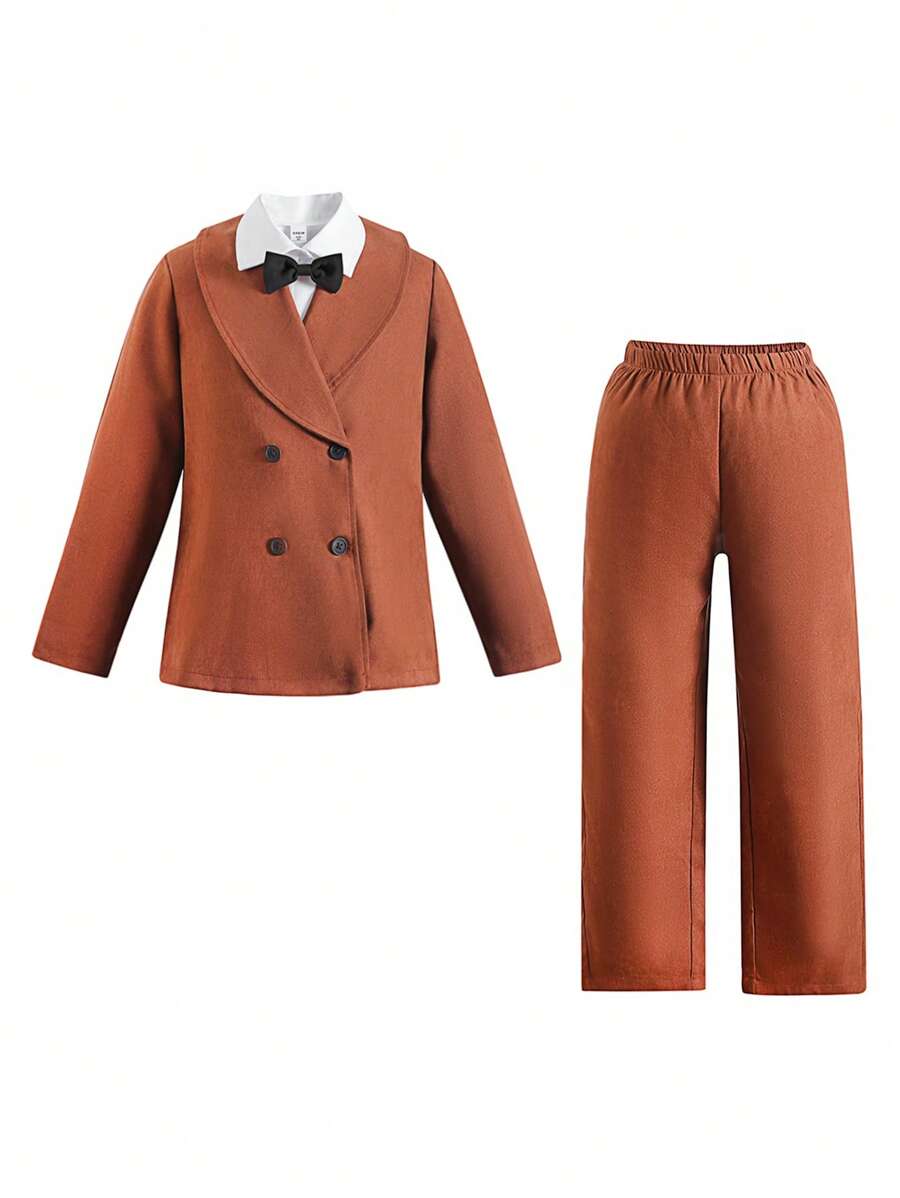 SHEIN Cậu bé Tween Đôi ngực Áo vest & Áo sơ mi & Quần - màu nâu - Xem 1