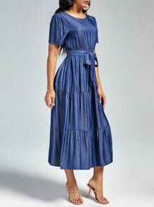 SHEIN Clasi Solid Belted Ruffle Hem Dress - Navy Blue - View 4