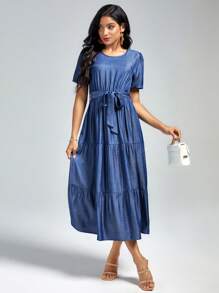 SHEIN Clasi Solid Belted Ruffle Hem Dress - Navy Blue - View 1