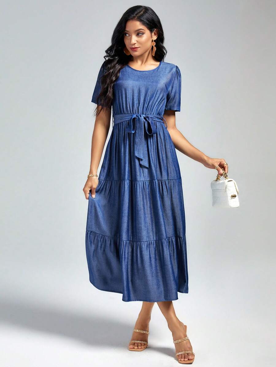 SHEIN Clasi Solid Belted Ruffle Hem Dress - Navy Blue - View 1