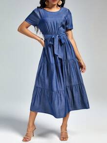 SHEIN Clasi Solid Belted Ruffle Hem Dress - Navy Blue - View 6