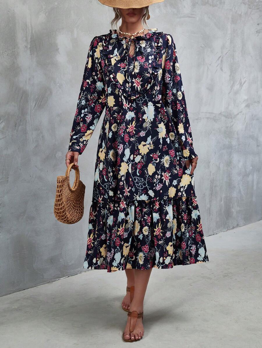 SHEIN Unity Floral Print Tie Neck Ruffle Hem Dress - Multicolor - View 1