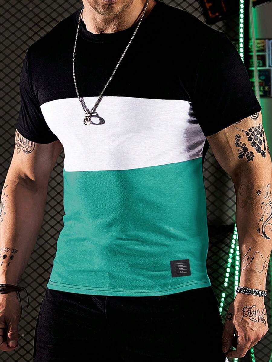 Manfinity Homme 男士大码撞色貼布細節T恤 - 彩色 - 查看 1