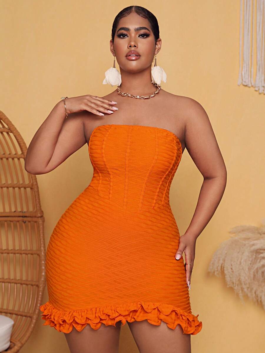 SHEIN SXY Plus Ruffle Trim Tube Bodycon Dress - Orange - View 1