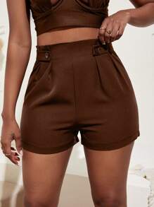 Slaydiva 高腰紐扣細節短褲 - 棕色 - 查看 1