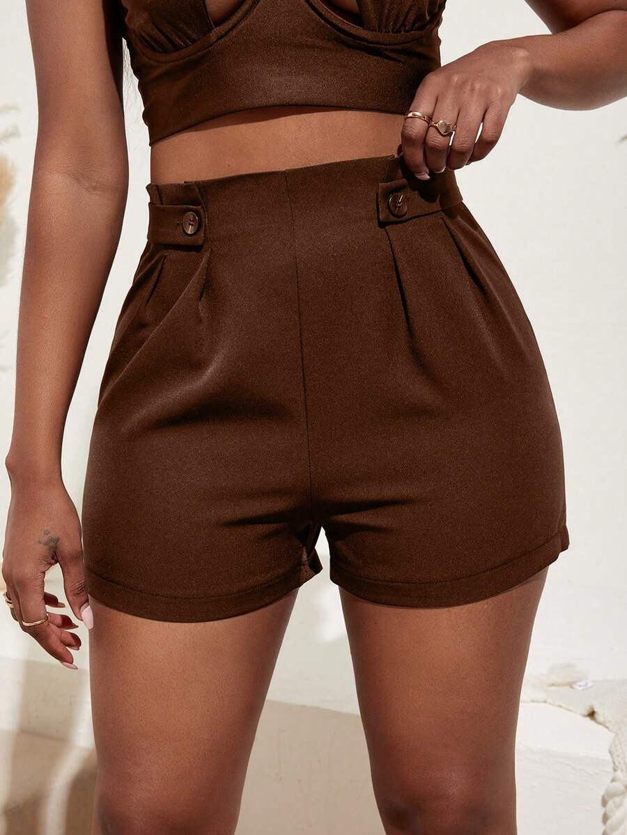 Slaydiva 高腰紐扣細節短褲 - 棕色 - 查看 1