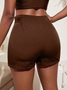 Slaydiva 高腰紐扣細節短褲 - 棕色 - 查看 2