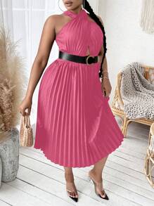 SHEIN SXY 大碼交叉百褶掛脖洋裝不附腰帶 - 粉色 - 查看 4