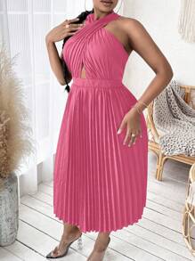SHEIN SXY 大碼交叉百褶掛脖洋裝不附腰帶 - 粉色 - 查看 5