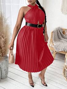 SHEIN SXY Plus Halter Neck Pleated Dress Without Belt - Red - View 5