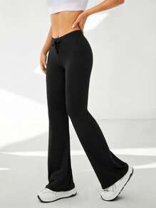 SHEIN EZwear 素色前蝴蝶結喇叭褲 - 黑色 - 查看 3