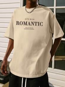 男士字母圖案落肩T恤 - 杏色 - 查看 1